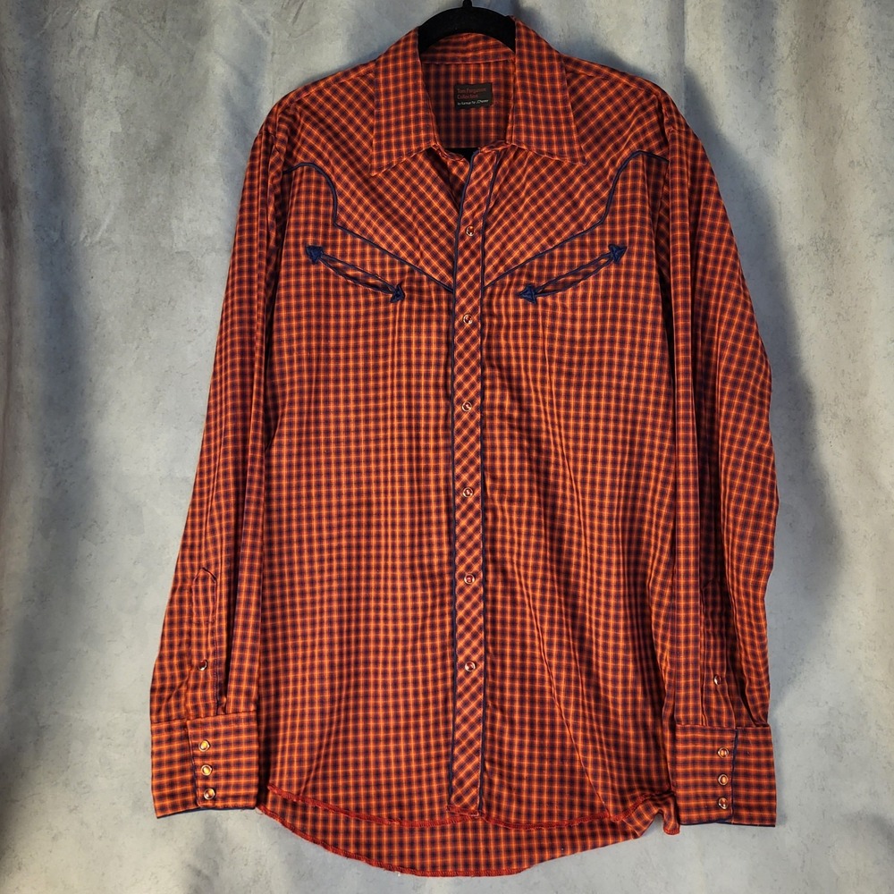 Vintage Karman Mens XL Pearl Snap Front Western Shirt Red Plaid Made USA Read
